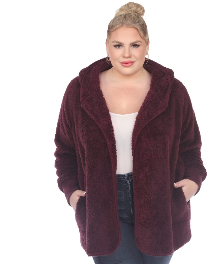 Front of a model wearing a size 1X/2X Plush Hooded Cardigan with Pockets in Purple by White Mark. | dia_product_style_image_id:247381